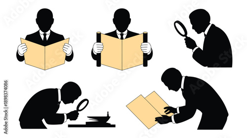 Silhouette of businessman examining documents in various poses with magnifying glass in minimalist style with high contrast lighting for detective work
