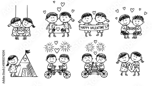 children playing together in various scenes like camping biking and valentine celebration