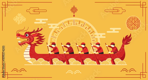 Dragon Boat Festival Illustration with Red Dragon Boat and Paddlers
