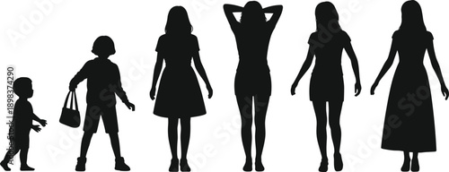 Silhouette of female life stages from toddler to adult woman, growing up process, human development concept, isolated on white background vector