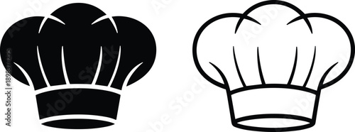 Chef hat icons in solid and outline styles, cooking and restaurant symbol set, professional kitchen headwear silhouette, minimal culinary vector illustration