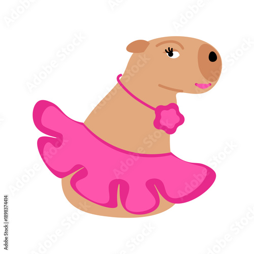 Fashionable girl capybara in pink swimsuit with short skirt. Flirting swamp guinea pig rodent. Tropical swamp animal mammal. Flat cartoon vector isolated on white background