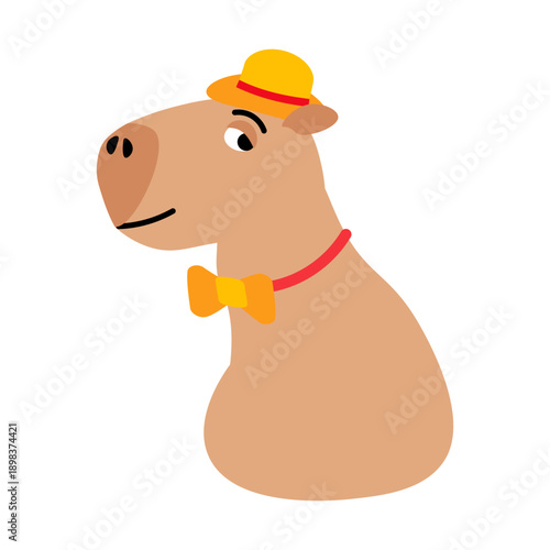 Gentleman capybara in small straw hat and bow ties on neck. Guy swamp guinea pig rodent. Tropical swamp animal mammal. Flat cartoon vector isolated on white background