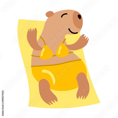 Female capybara in beach swimsuit sunbathing on beach. Sunbathing swamp guinea pig rodent. Tropical swamp animal mammal. Flat cartoon vector isolated on white background