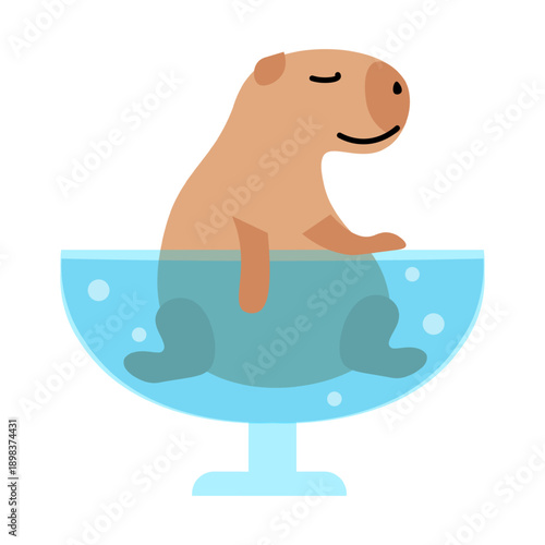 Relaxed capybara enjoys a warm bath in glass goblet. Lazy swamp guinea pig rodent. Tropical swamp animal mammal. Flat cartoon vector isolated on white background