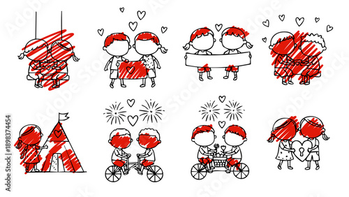 adorable kids holding heart shapes and riding tandem bike with red accents