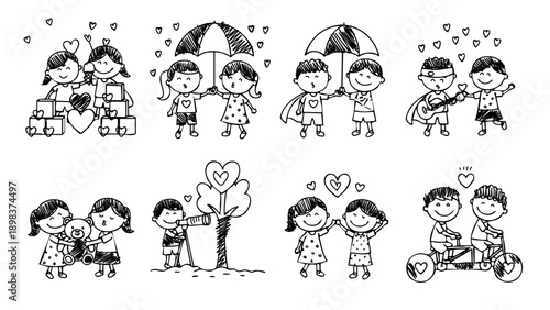cute little children playing together under umbrella and riding bicycle in garden