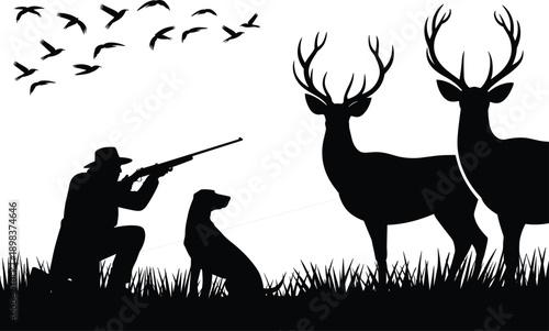 Photography Hunter with dog aiming rifle at deer silhouettes in wild nature landscape, wildl