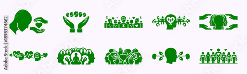 Green vector icons illustrating community, mental health, care, and social well-being concepts Vector