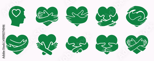 Green heart and hand icons illustrating concepts of love, care, support, and community Vector
