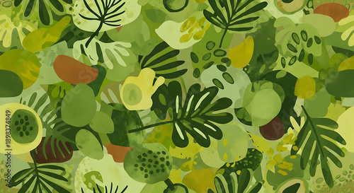 Abstract floral pattern with overlapping green and yellow shapes