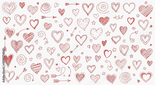 Hand drawn hearts love symbols and arrows in pink and red on white background