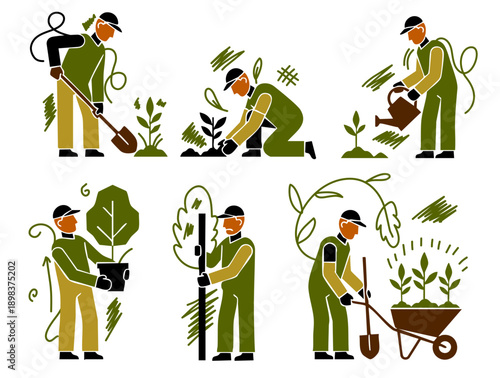 gardener planting and watering green plants in various stages of garden care