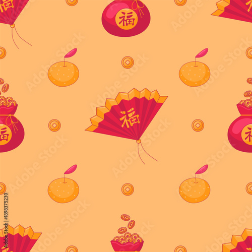 Red and Yellow Traditional Asian Pattern. Flat Style Bag Of Coins, Fan And Mandarin. Lunar Chinese New Year