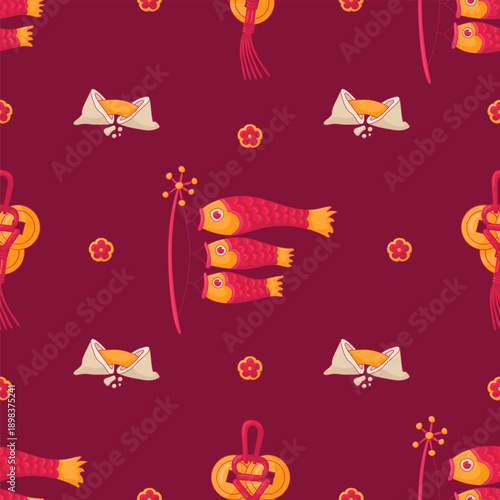 Red and Yellow Traditional Asian Pattern. Flat Style Koinobori And Fortune Cookies. Lunar Chinese New Year