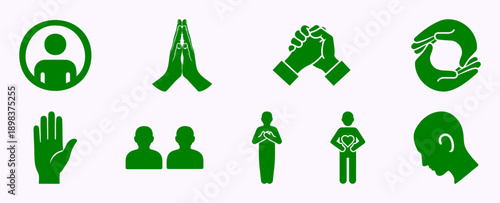 A collection of green pictograms illustrating people, hands, and heads in different meaningful gestures Vector