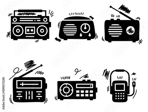 collection of black and white radio icons showing different styles of electronics