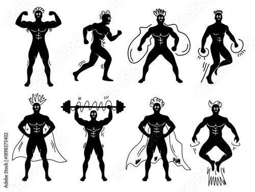 superhero male characters posing with capes and lifting weights in black silhouette