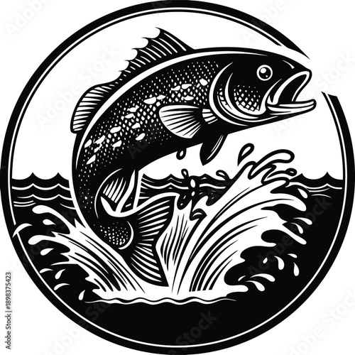 A black and white line art illustration of a fish leaping out of water, centered in the frame. The fish is a detailed depiction of a specific fish species, likely a bass or similar fish, with scales m