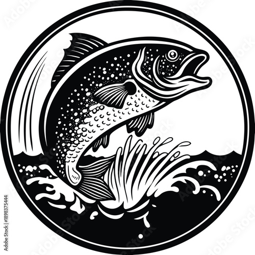 A black and white line art illustration of a fish leaping out of water, centered in the frame. The fish is a detailed depiction of a specific fish species, likely a bass or similar fish, with scales m