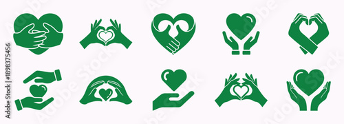 Green heart and hand icons symbolizing love, care, charity, and protection Vector