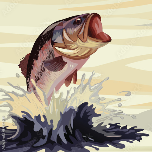 A black and white line art illustration of a fish leaping out of water, centered in the frame. The fish is a detailed depiction of a specific fish species, likely a bass or similar fish, with scales m