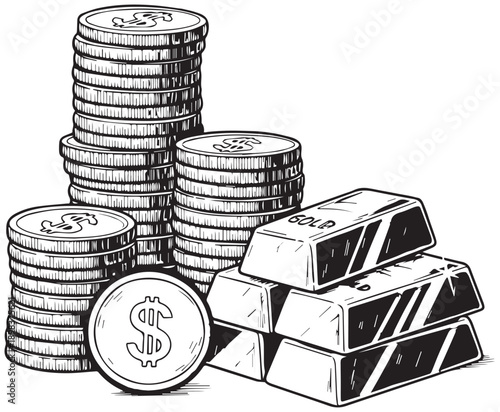 Illustrations of stacks of coins and gold bars representing wealth and financial security, ideal for business and investment themes