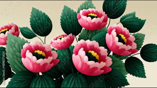 Wallpaper Mural Vibrant pink and white blossoming flowers with green leaves on a beige background Torontodigital.ca