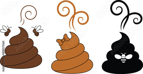 Playful cartoon poop icons with bees and bow, cute stinky emoji trio, brown and black silhouettes, humorous waste concept, vector illustration