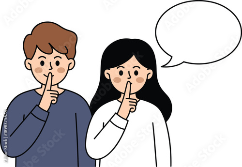 Young man and woman making shh gesture with blank speech bubble, secret silence concept, whispering request for quiet, cartoon vector illustration