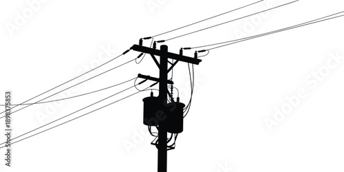 Silhouette of electric utility pole with transformer, wires, insulators, power lines, and electrical components on white background, infrastructure concept vector illustration