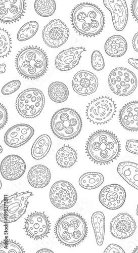 Scientific Illustration of Microorganisms, Research Lab, Digital Artwork, Abstract Design, Close-Up View, Biological Diversity