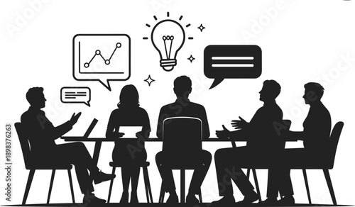 Silhouette of business team meeting, discussing ideas, planning strategy, analyzing data, brainstorming innovation, corporate collaboration, teamwork communication at conference table