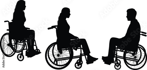 Silhouette of disabled people in wheelchairs, inclusive mobility concept, accessibility, disability awareness, healthcare support, vector illustration on white background