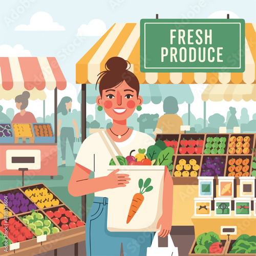 Illustration of a woman at a farmers market holding a bag of produce