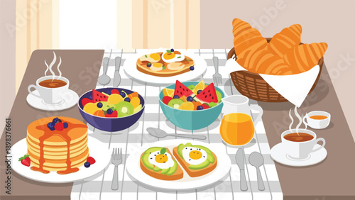 Illustration of a table filled with breakfast items, including fruit and pastries