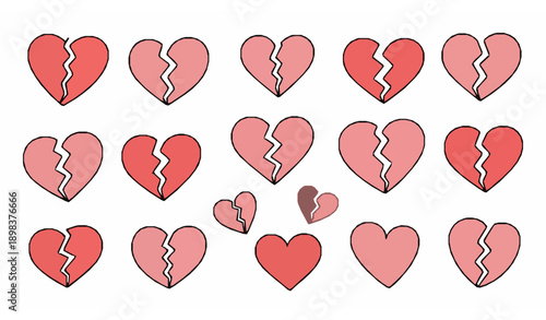 Hand Drawn Broken Heart Doodle Icon Set with Pink and Red Outline Vector Symbols