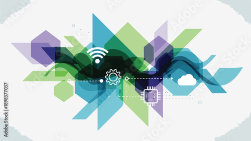 Colorful abstract design with technological symbols and geometric shapes