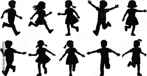Silhouettes of children running and playing on a white background vector