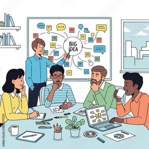 Group brainstorms around a table, whiteboard shows "BIG IDEA