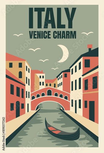 Vintage travel poster of Italy in retro minimalist flat style. Nostalgic mood