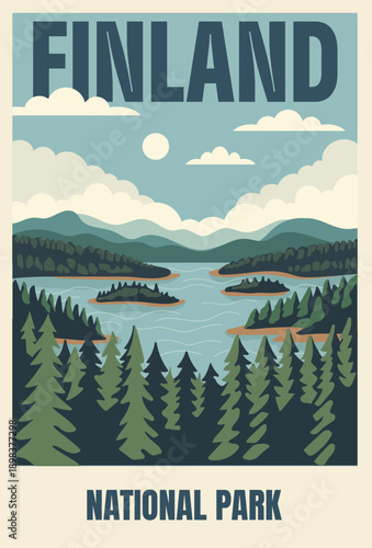 Vintage travel posters of Finland in retro minimalist flat style. Nostalgic mood