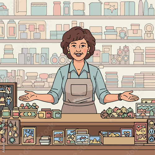 Illustration of a woman in an apron at a shop with various items