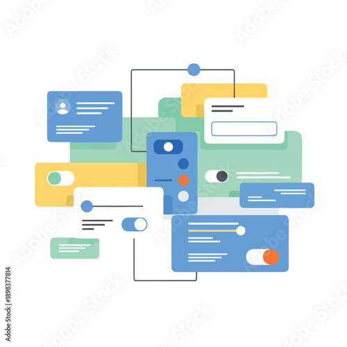 Colorful, abstract digital interface with several shapes and interactive elements