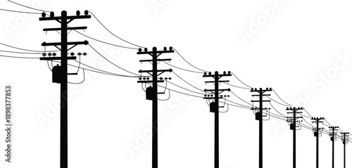 Silhouette of electric utility poles with power lines, transformer equipment, electricity distribution system, urban and rural infrastructure concept, black and white illustration.