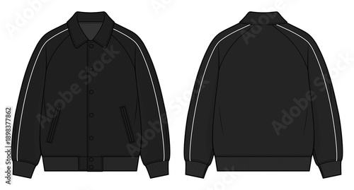 Minimal Raglan Bomber Jacket Technical Fashion Illustration. Clean Street Essential Outerwear. Front and Back View. CAD Vector Template.
