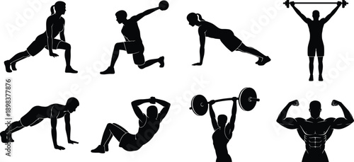 Silhouette collection of fitness exercises, push ups, sit ups, weight lifting, male and female workout poses, gym training, strong muscle body, health.