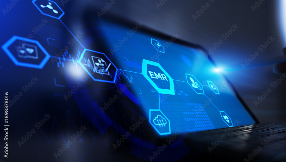 Fototapeta premium Electronic Medical Records EMR Integration and Patient Data Management Displayed on Digital Interface.