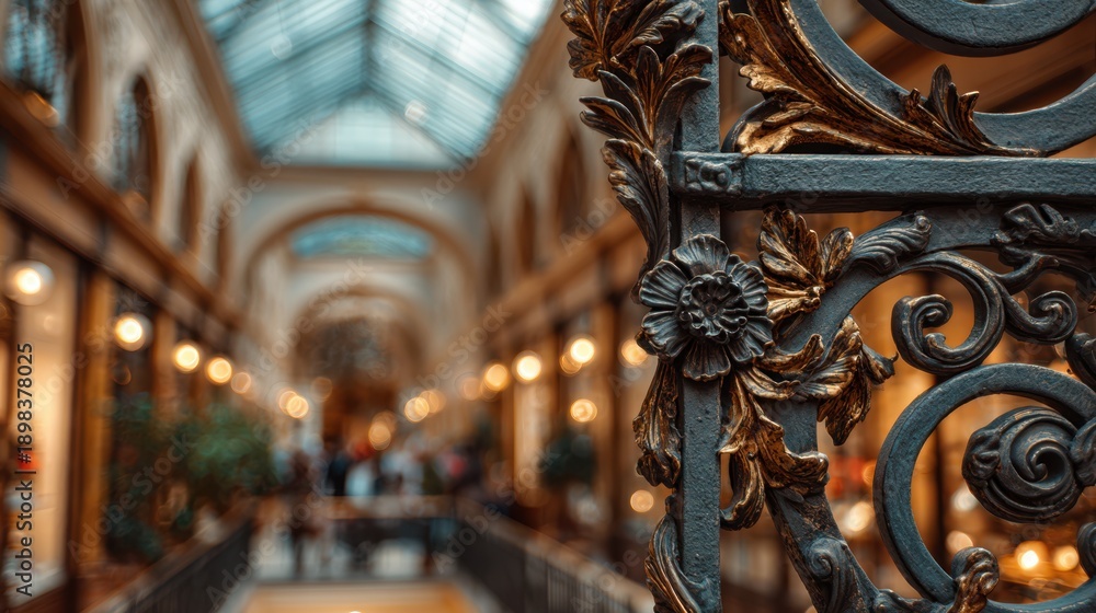 Obraz premium Ornate wrought iron gate with intricate floral scrollwork in high close-up, blurred interior of elegant shopping arcade with warm lighting and arched glass ceiling