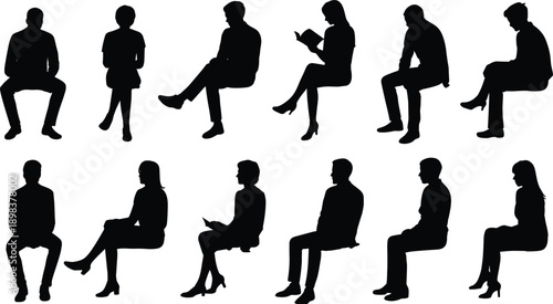 Silhouettes of men and women sitting in various poses on white background Keywords: silhouette, sitting, people, man, woman
